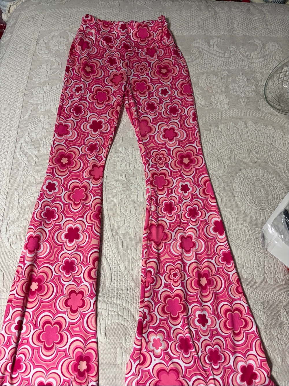 Women’s Pink Floral Stretch Pants flare leg Retro SO SOFT!! costume party - Picture 4 of 6